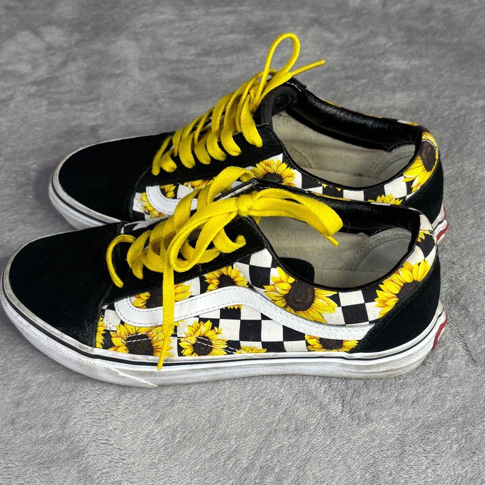 Vans Old Skool Sneakers Women 7.5 Black Sunflower Checkerboard Custom Low Top